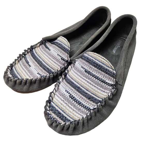 Minnetonka Sophia Suede Leather Boho Slip On Shoes‎ Moccasins Women's 7 Grey - Picture 1 of 10
